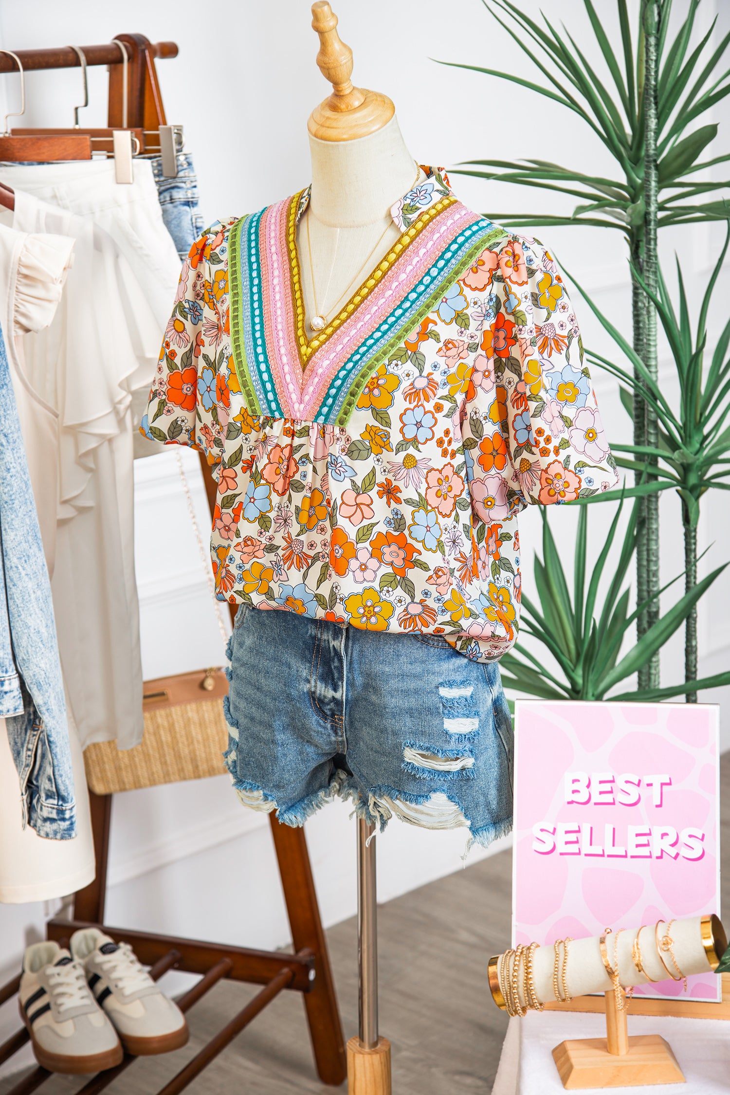 Multicolour Crochet V Neckline Puff Sleeve Boho Flower Blouse