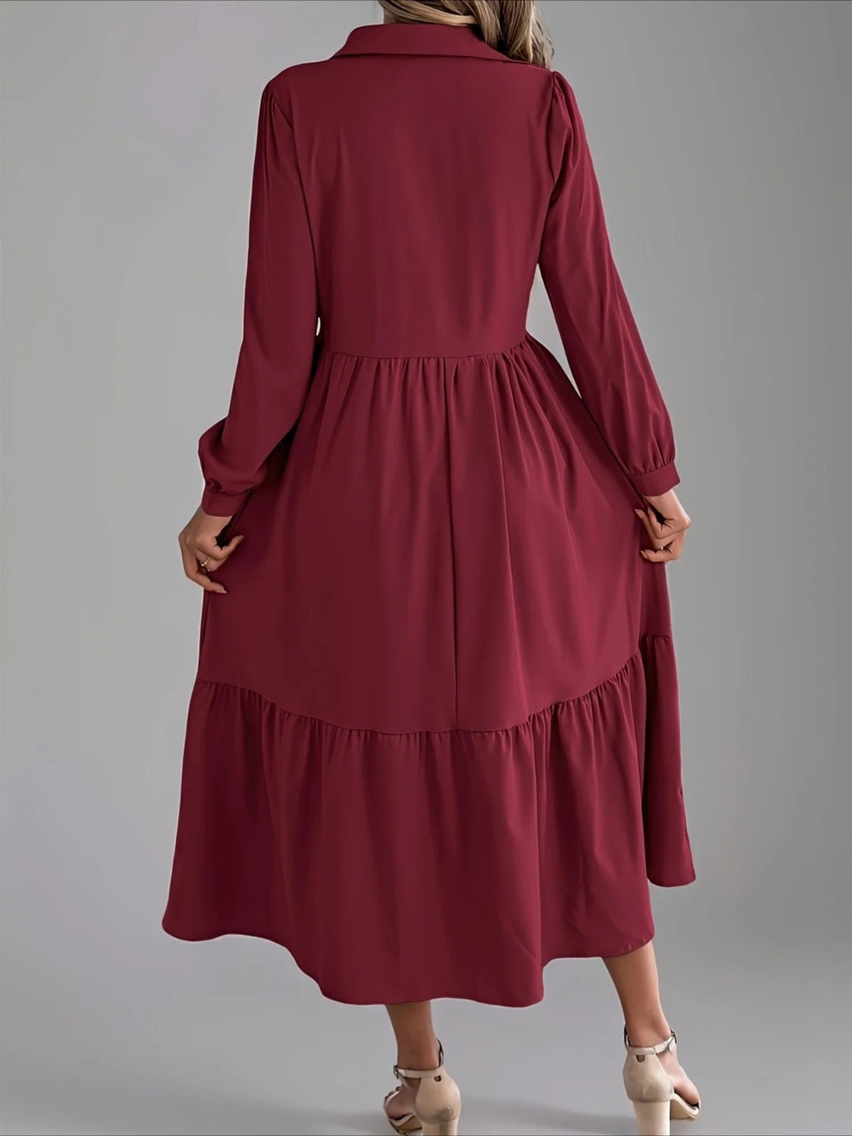 Elegant Solid Color Ruffle Hem Long Sleeve Lapel Collar Midi Dress