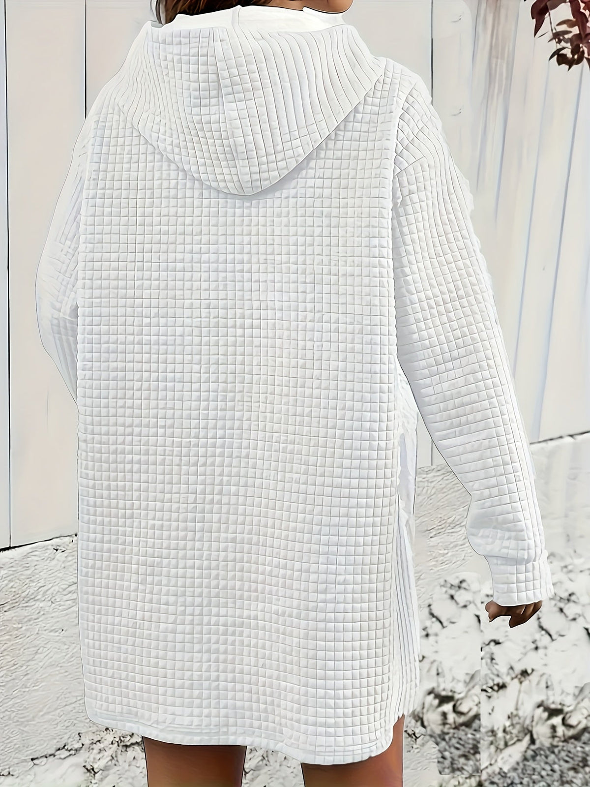 Stylish Textured Drawstring Dress - Comfy Hooded Long Sleeve with Kangaroo Pocket