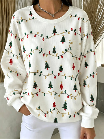 Christmas Tree Casual Printing Loose Leaf Crew Neck Regular Fit Sweatshirt