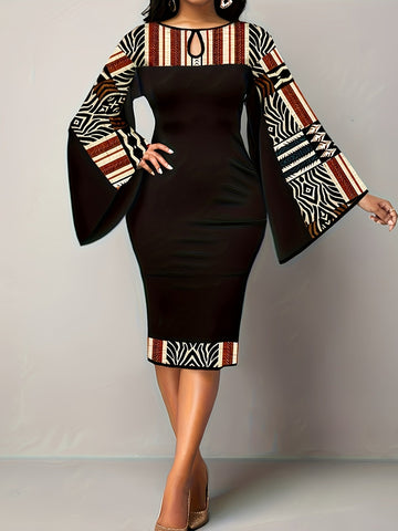 Colorblock Geometric Print Bell Sleeve Round Neck Keyhole Midi Dress