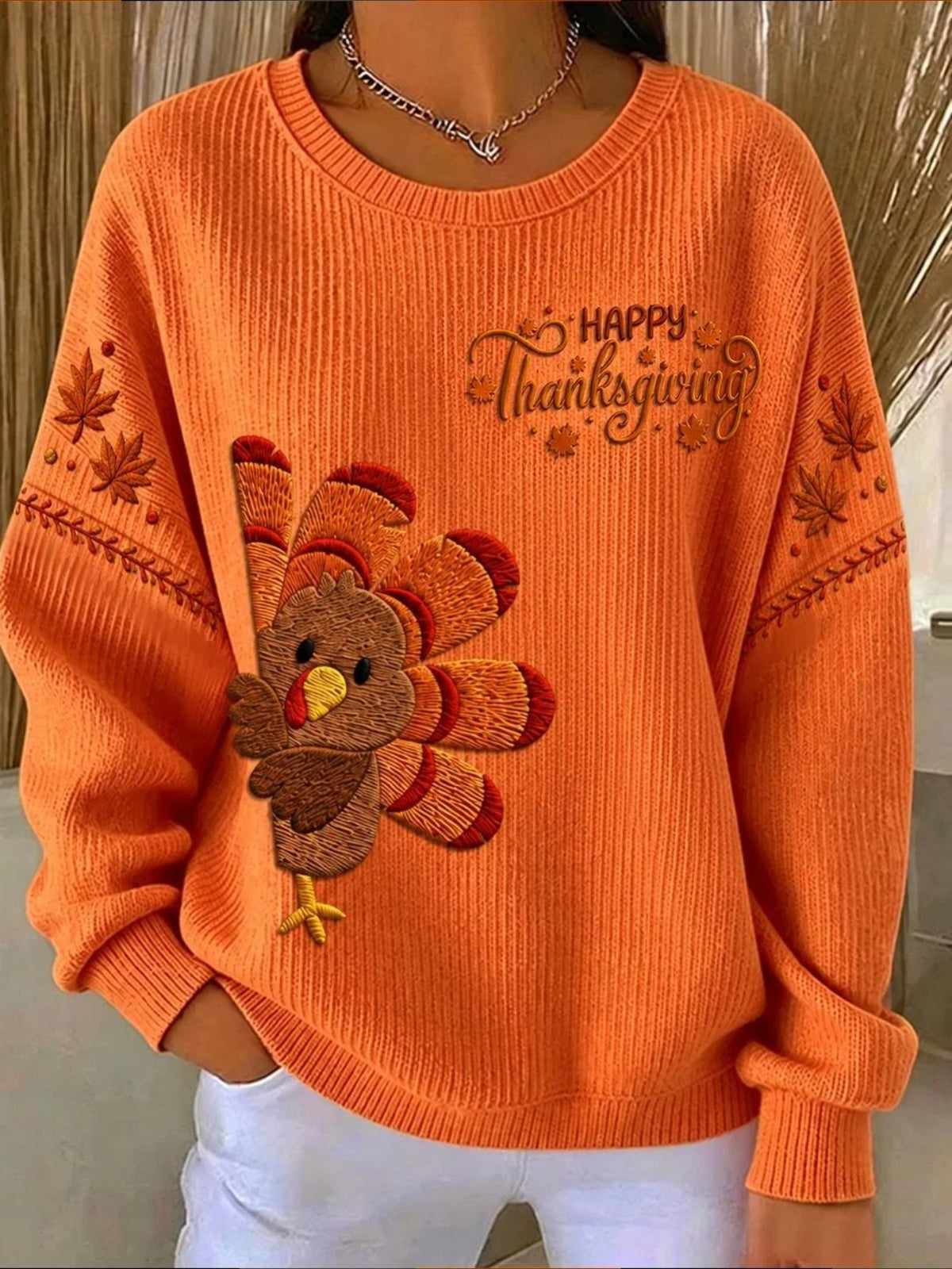 Crew Neck Maple Leaf Long Sleeve Sweater Hoodie