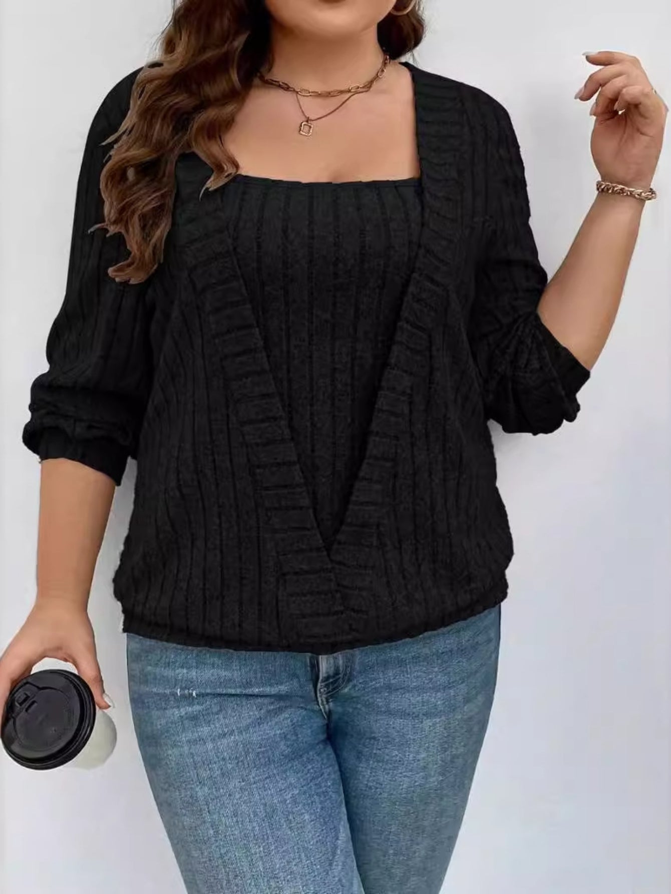Women's Solid Color Rib Knit Embroidered 2-In-1 Casual Sweatshirt