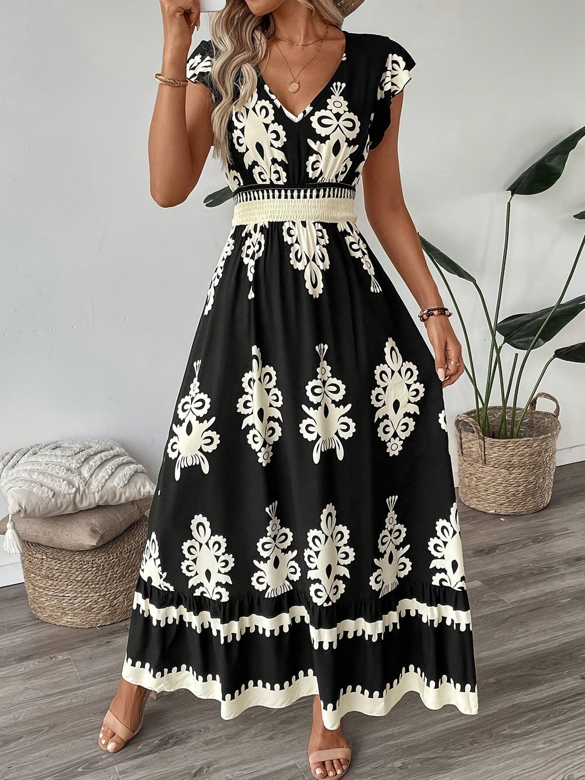 Women's Navy Blue Floral Print V-Neck A-Line Dress with Ruffled Cap Sleeves