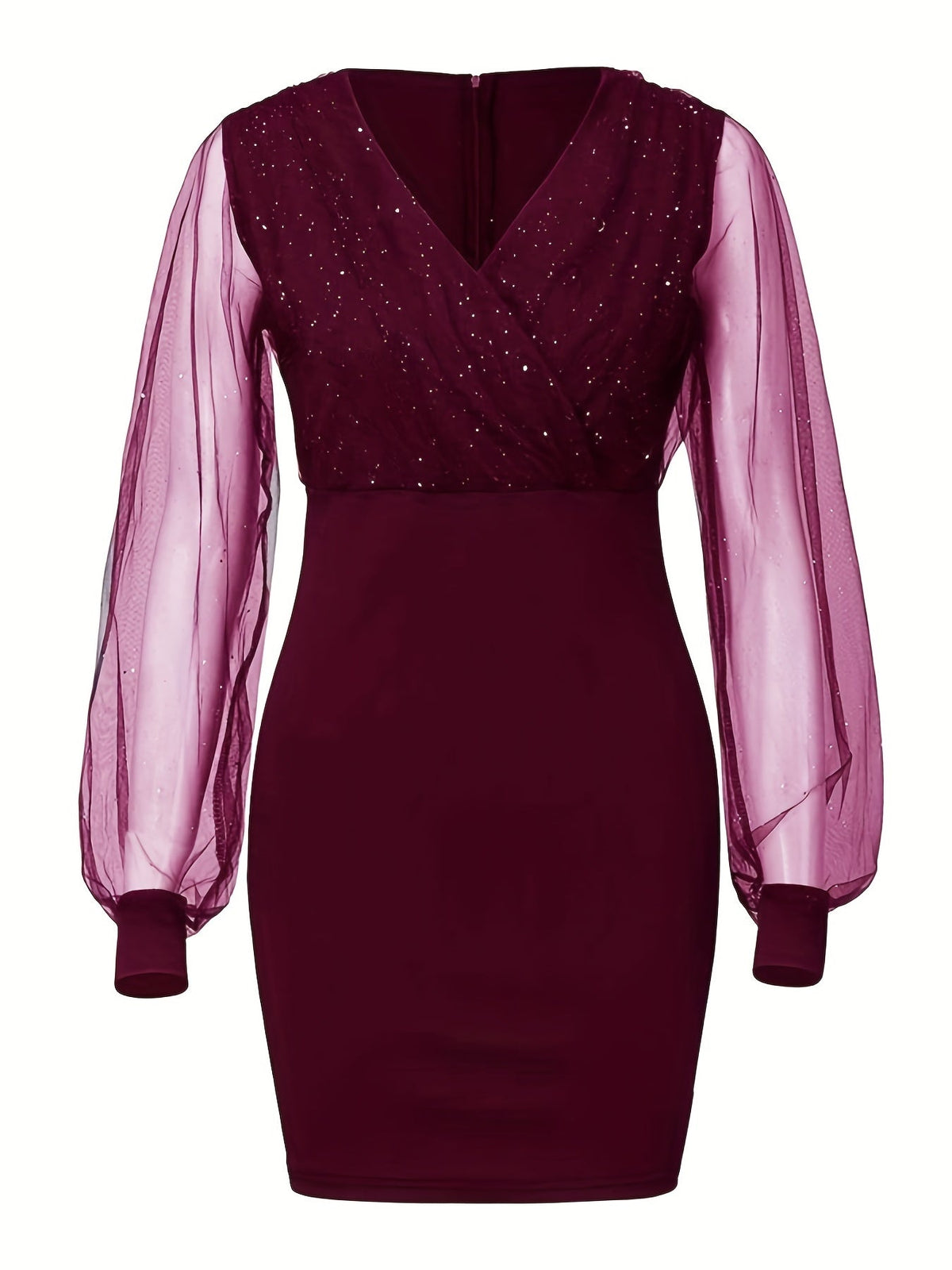 Solid Sequin Stitching Lace Long Sleeve Dress, Elegant Mesh Slim Sexy Party Dress