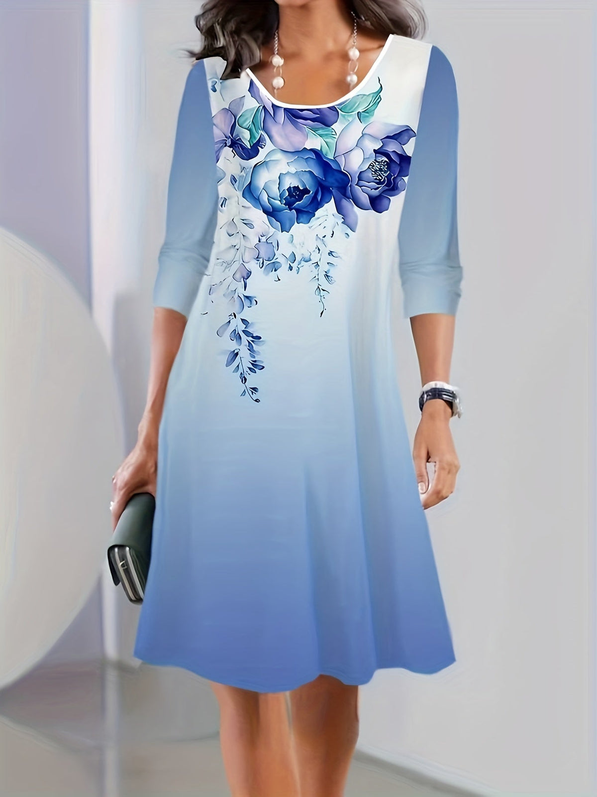 Graphic Print Long Sleeve Dress, Casual Crew Neck Midi Dress