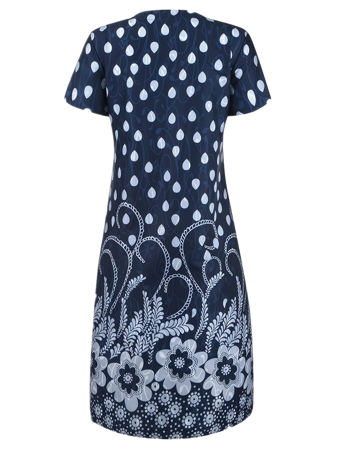 Retro Print Loose Long Dress, Short Sleeve V-neck Waist Summer Dresses