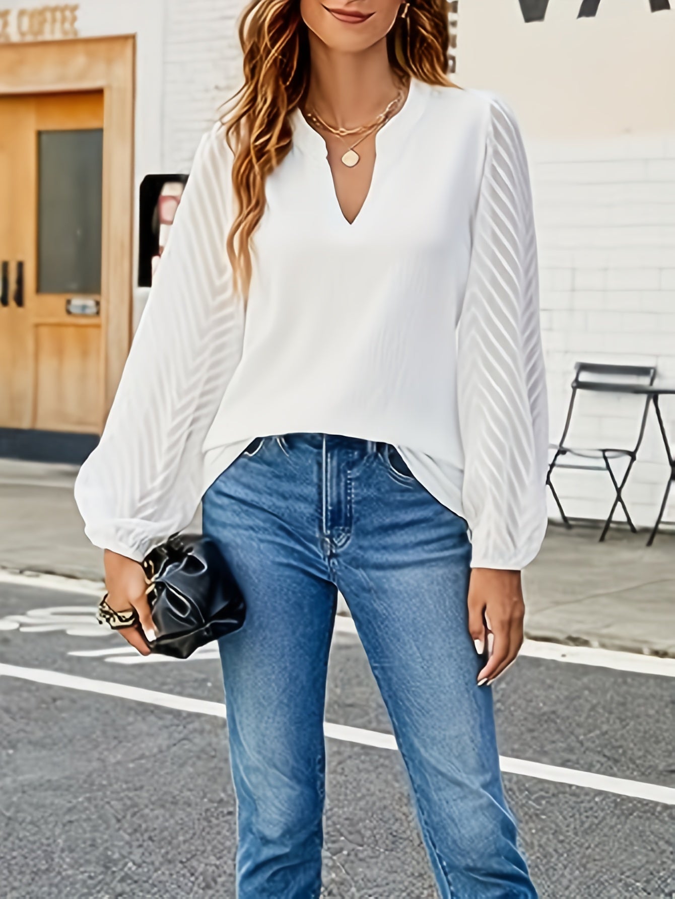 Solid Notched Neck Blouse, Elegant Lantern Sleeve Blouse