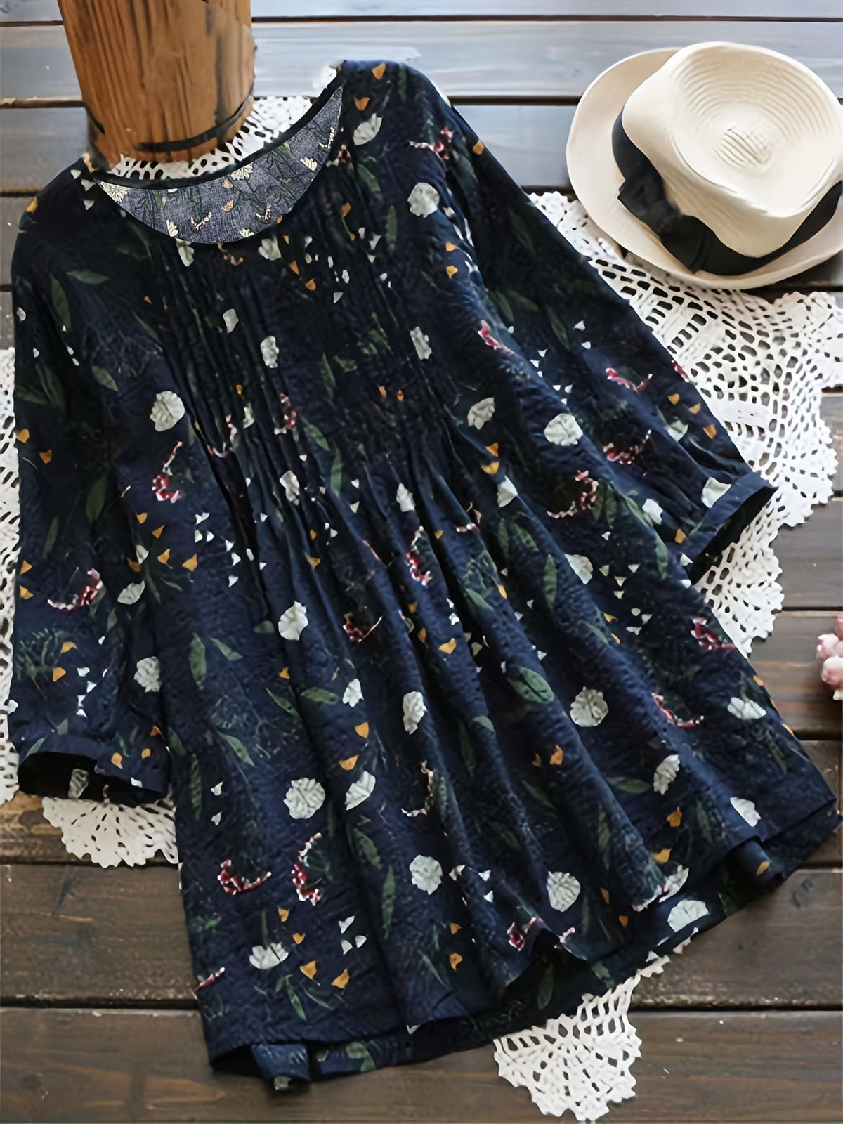 Floral Print Shirt - 3/4 Sleeve, Shirred Round Neck, Loose Fit, Ruffled Blouse