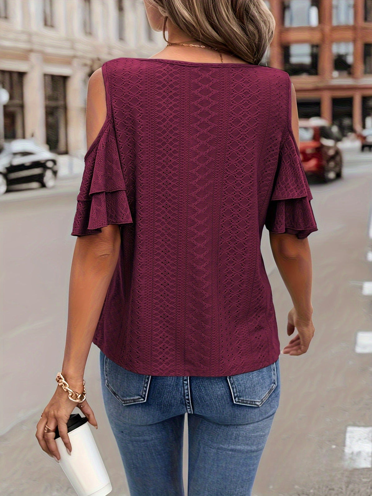 Cold Shoulder V Neck Eyelet T-Shirt, Casual Flutter Tiered Sleeve T-Shirt