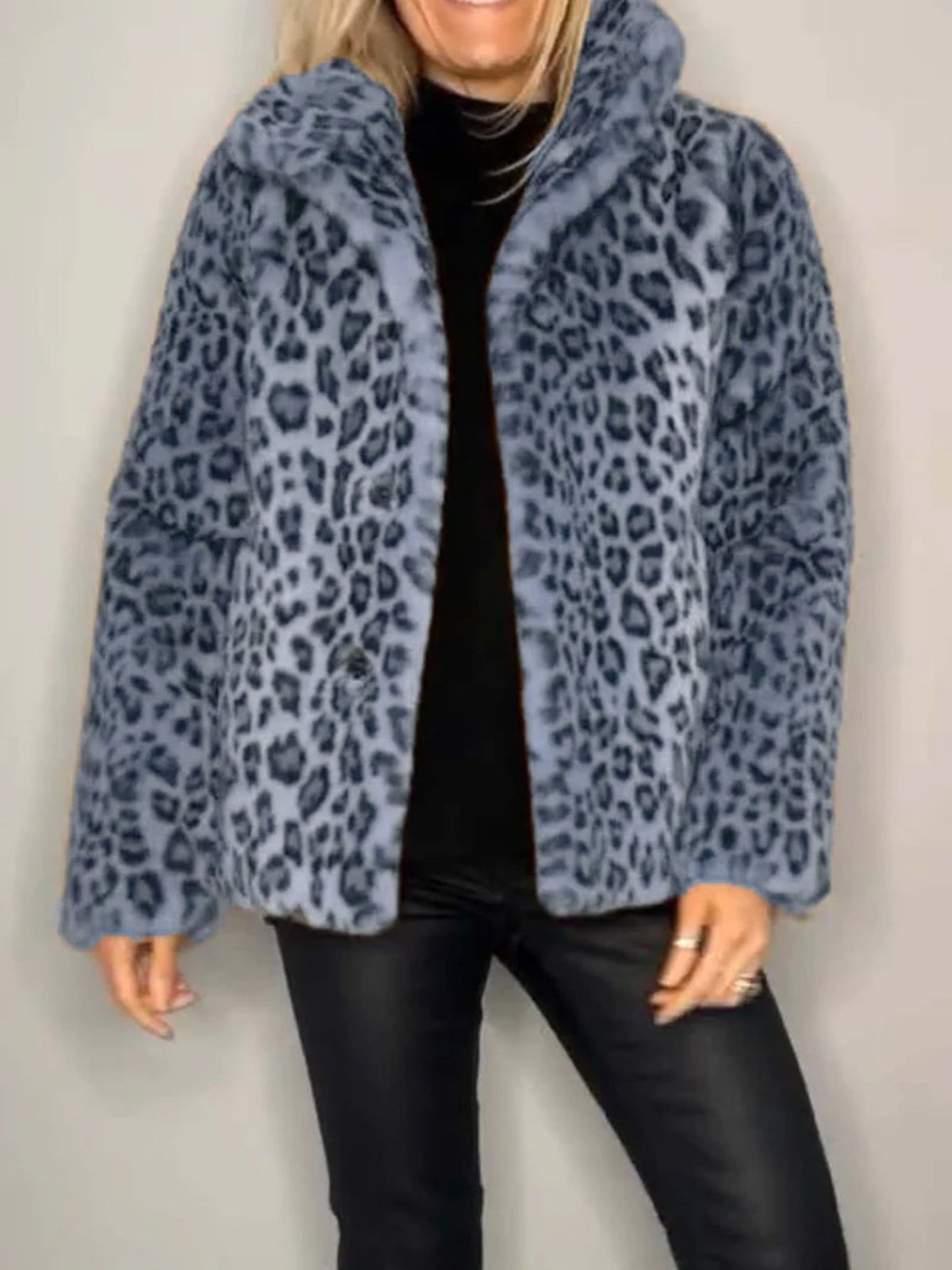Full Size Leopard Furry Collared Neck Long Sleeve Coat