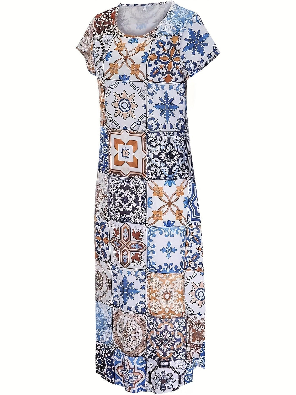 Boho Paisley Print Crew Neck Dress, Casual Short Sleeve Dress
