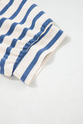 Blue Stripe Short Puff Sleeve Color Block Polo Collar Blouse