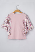 Pink Contrast Floral Patched Flowy Half Sleeve Blouse