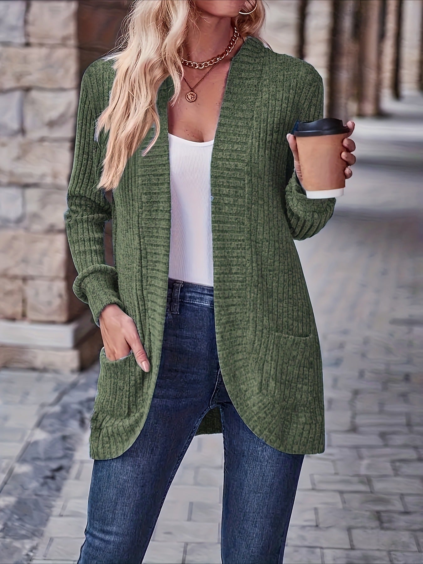 Loose Fit Long Sleeve Open Collar Casual Blouse with Side Pockets