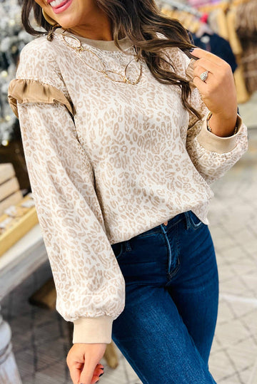 Khaki Leopard Ruffle Detail Ribbed Trim Round Neck Sweatshirt