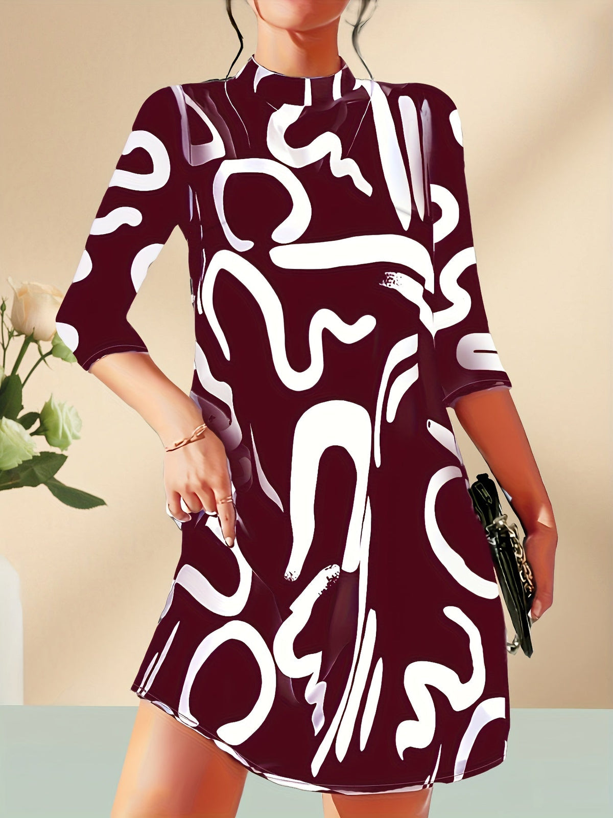 Abstract Print 3/4 Sleeve Dress, Casual Mock Neck Simple Dress