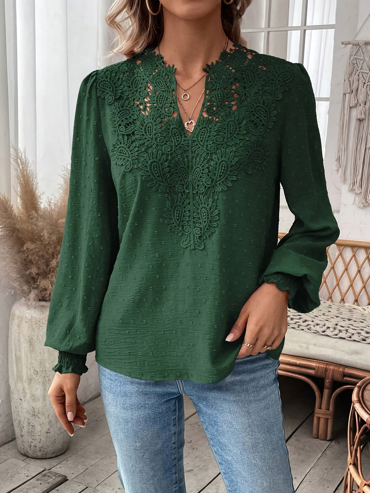 Lace Splicing Swiss Dot V-neck Blouse, Elegant Long Sleeve Blouse Top