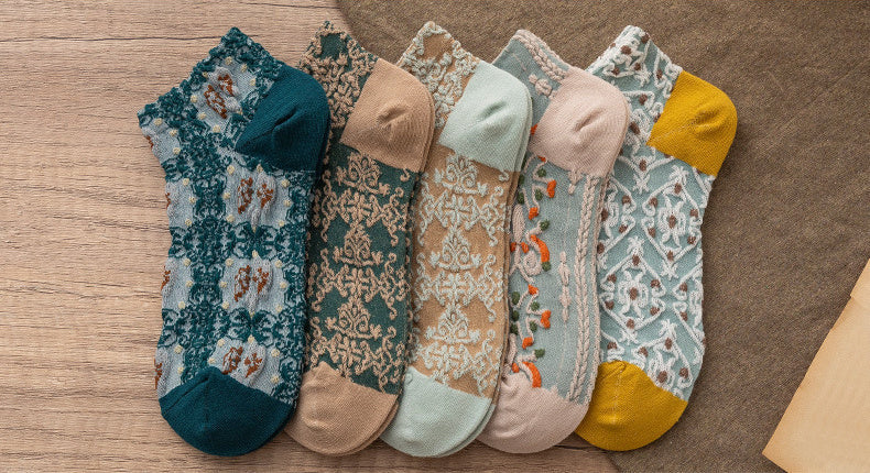 5 Pairs Vintage Court Style Short Socks, Cute Japanese Style Flower Geometric 3D Textured Low Cut Ankle Socks