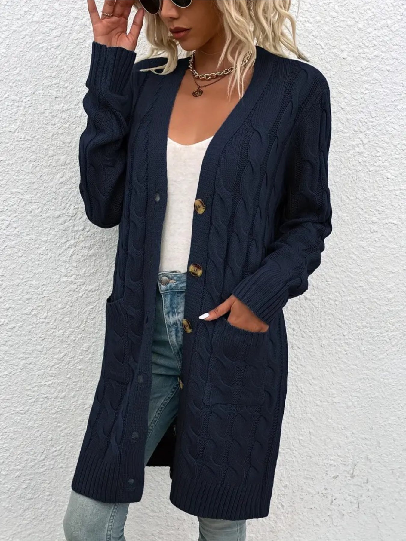Elegant Long Nylon Soft Warm V-Neck Long Sleeves Sweater with Button Front