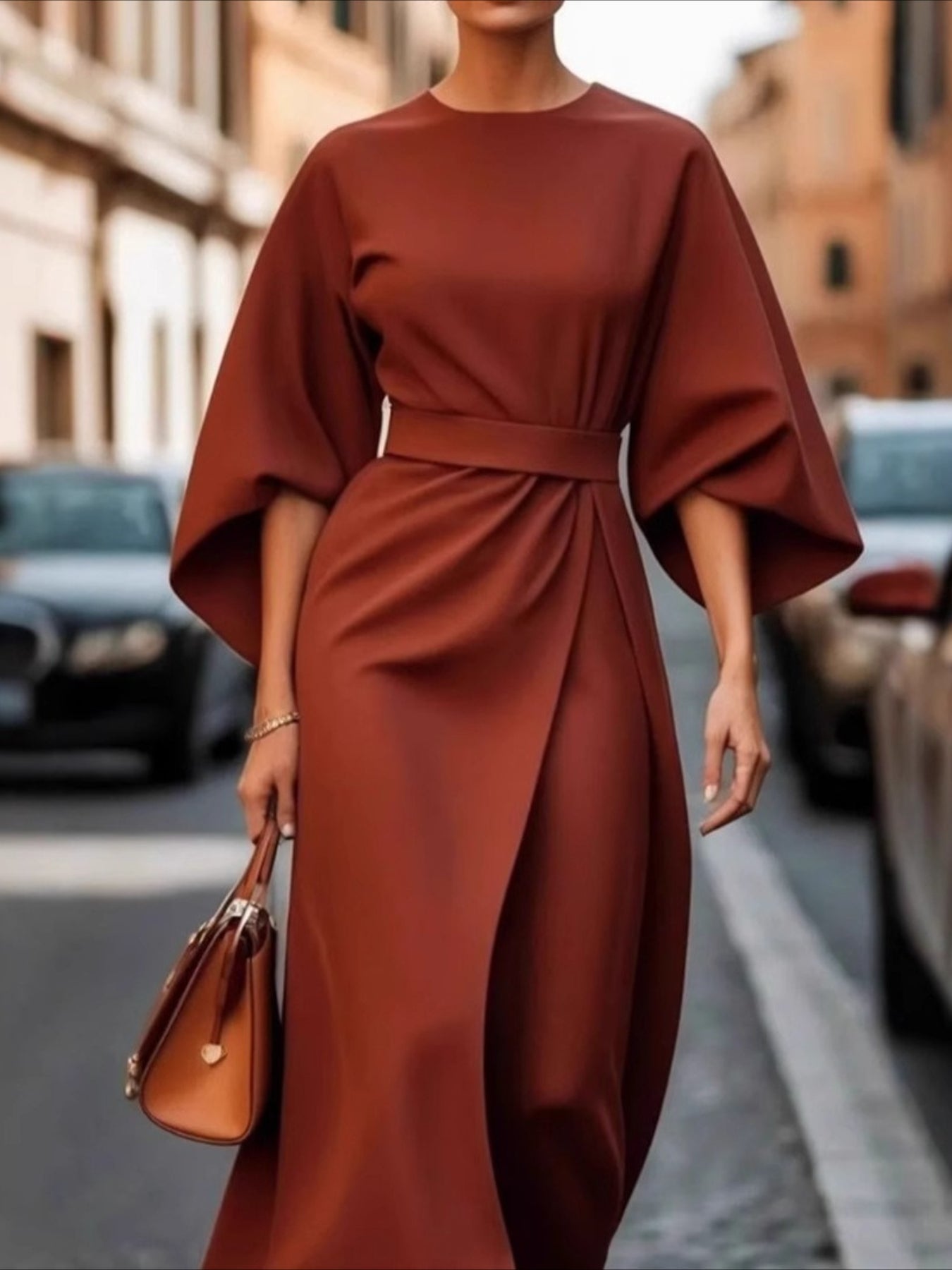 Elegant Solid Color Waist Seven Quarter Sleeve Round Neck Dress