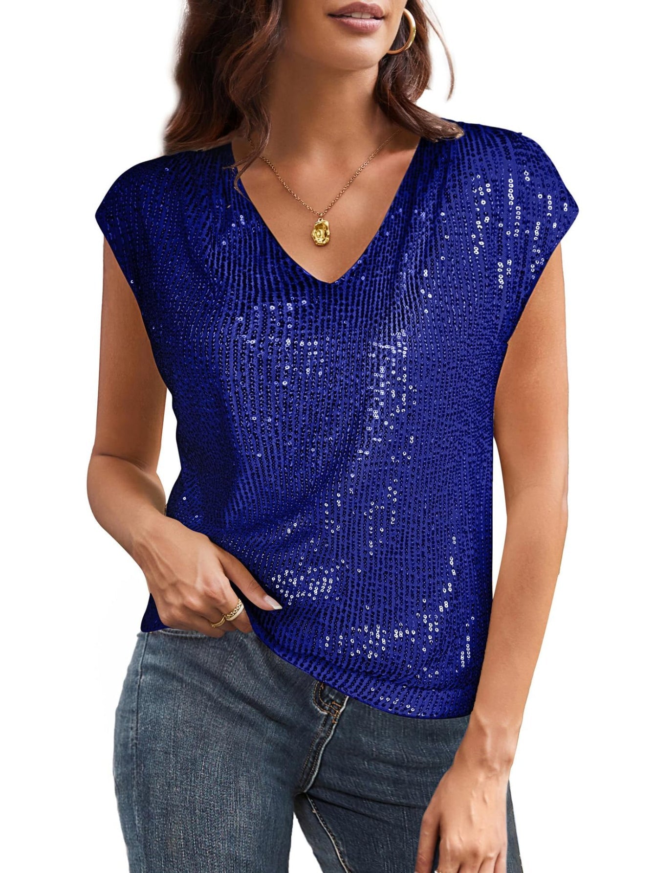 V Neck Sequined Solid Color Short Sleeved Top