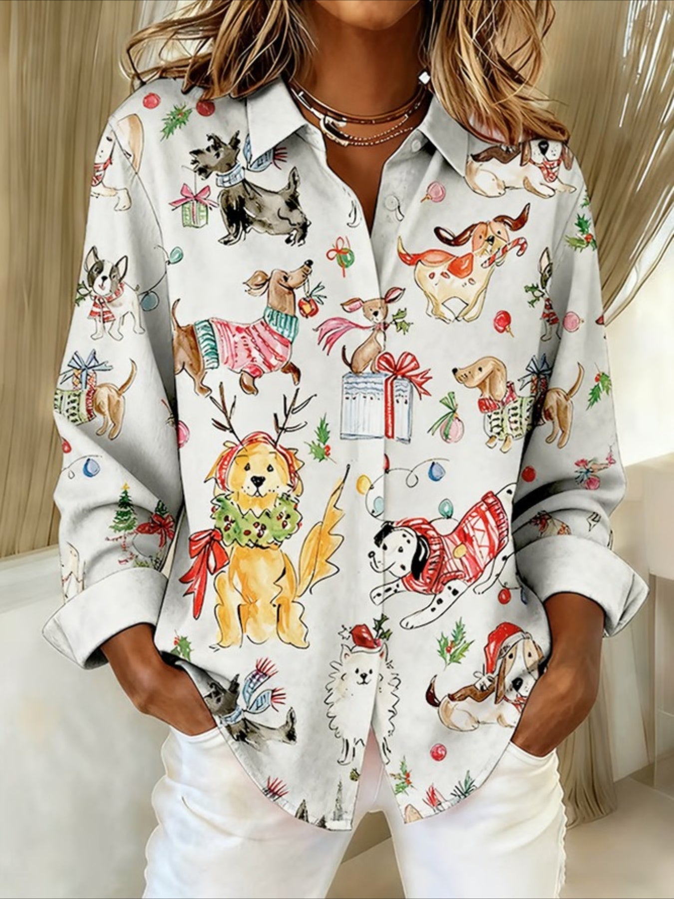 Christmas Vintage Loose Shawl Collar Shirt