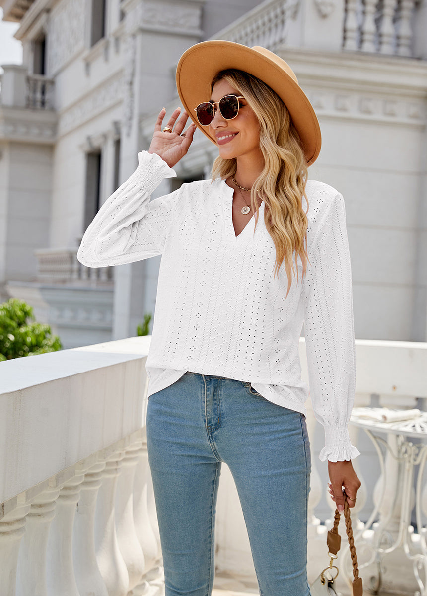 Solid Color Hollow Pleated Ruffle Sleeve V-Neck Loose Long Sleeve Top