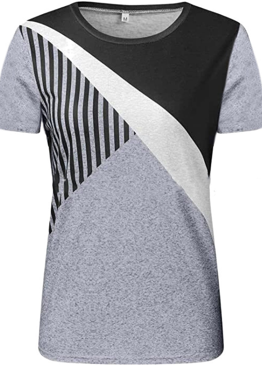 Color Block Striped Printed Short Sleeve Round Neck Casual T-Shirt