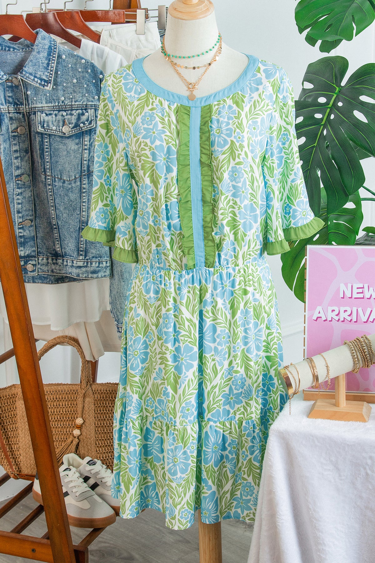 Sky Blue Floral Print High Waist Ruffle Short Sleeve Mini Dress