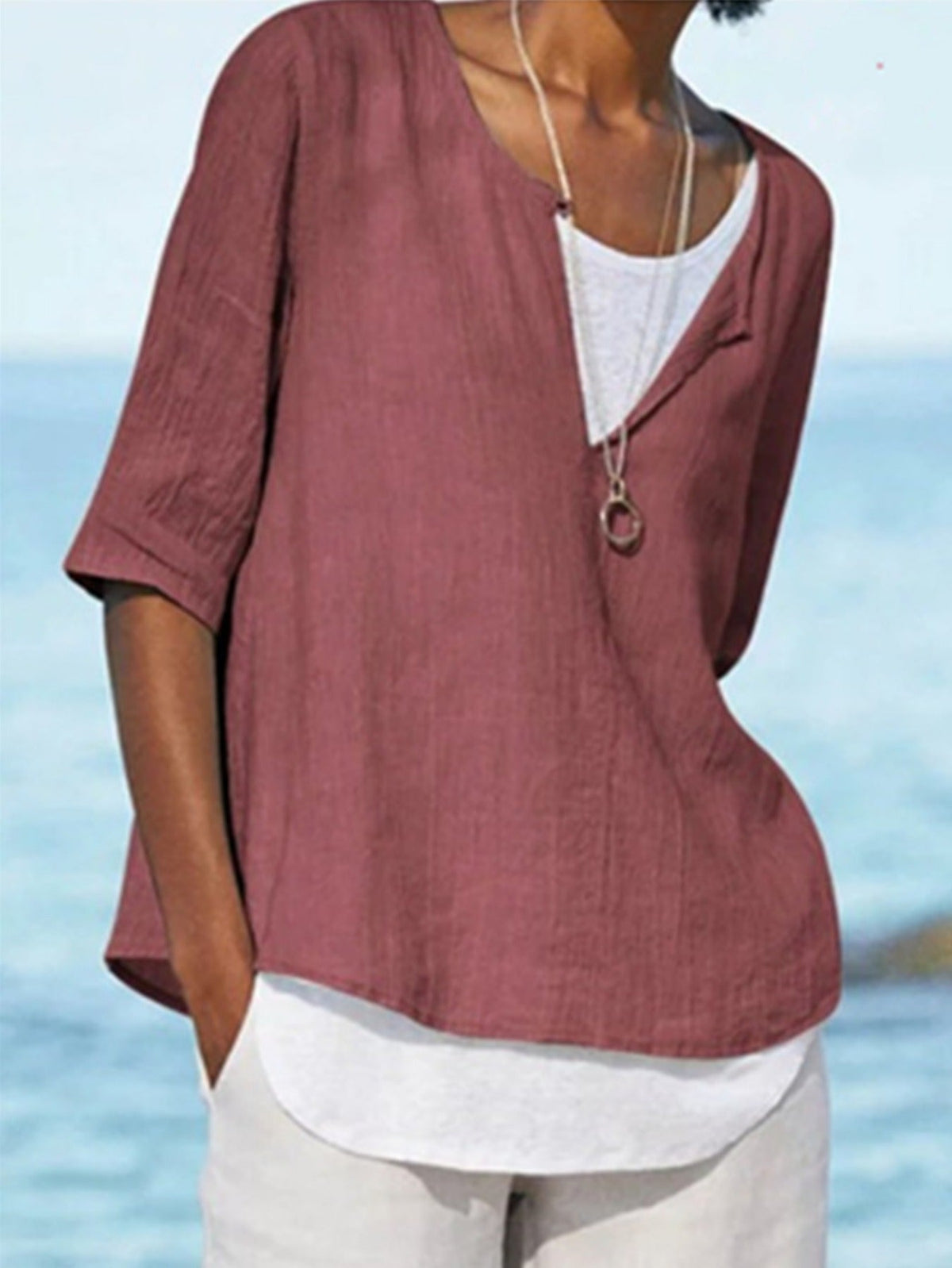 Solid Color Crew Neck Front Slit Stylish Pullover Top