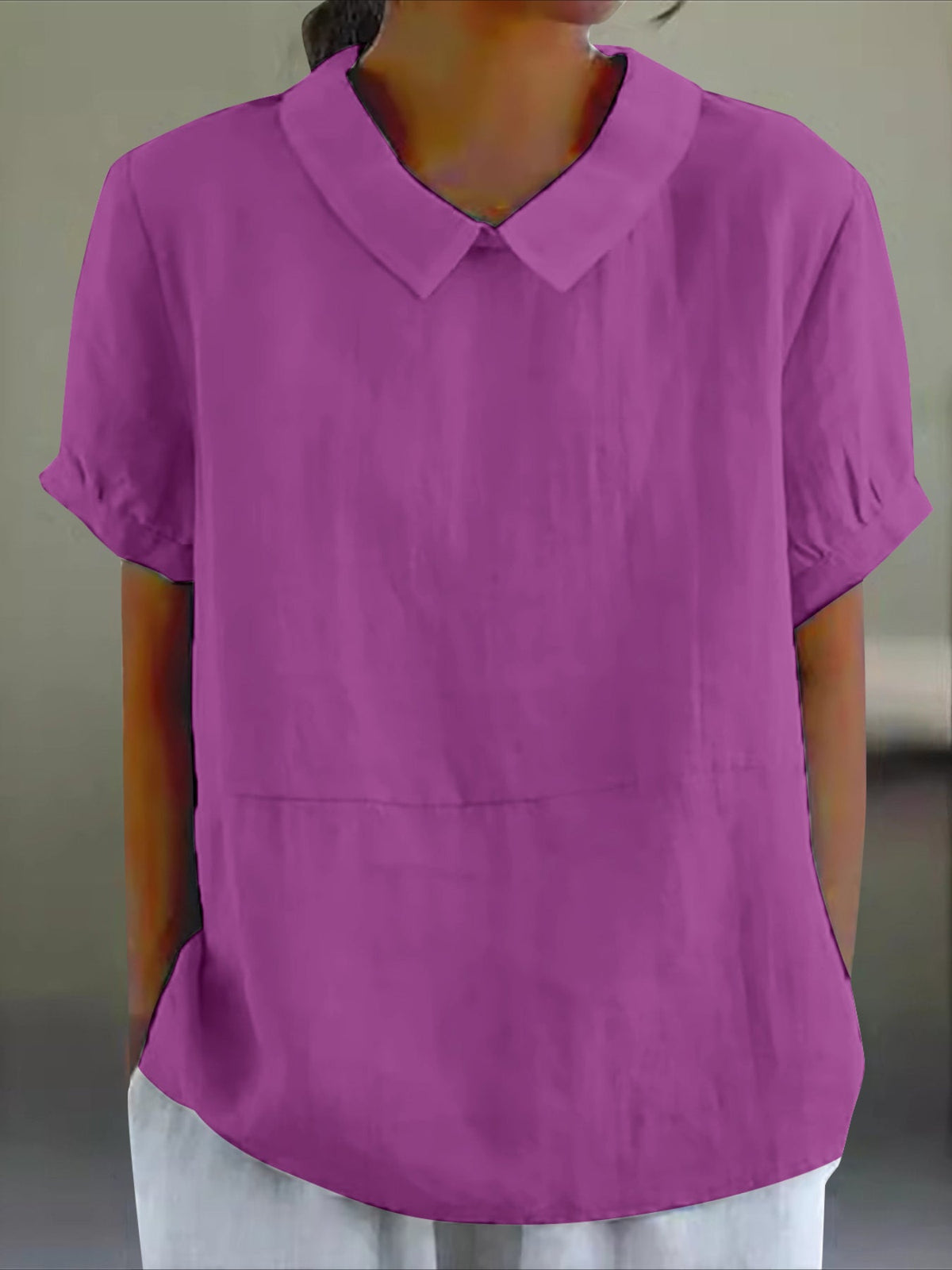 Solid Color Loose Lapel Short Sleeve Cotton Top
