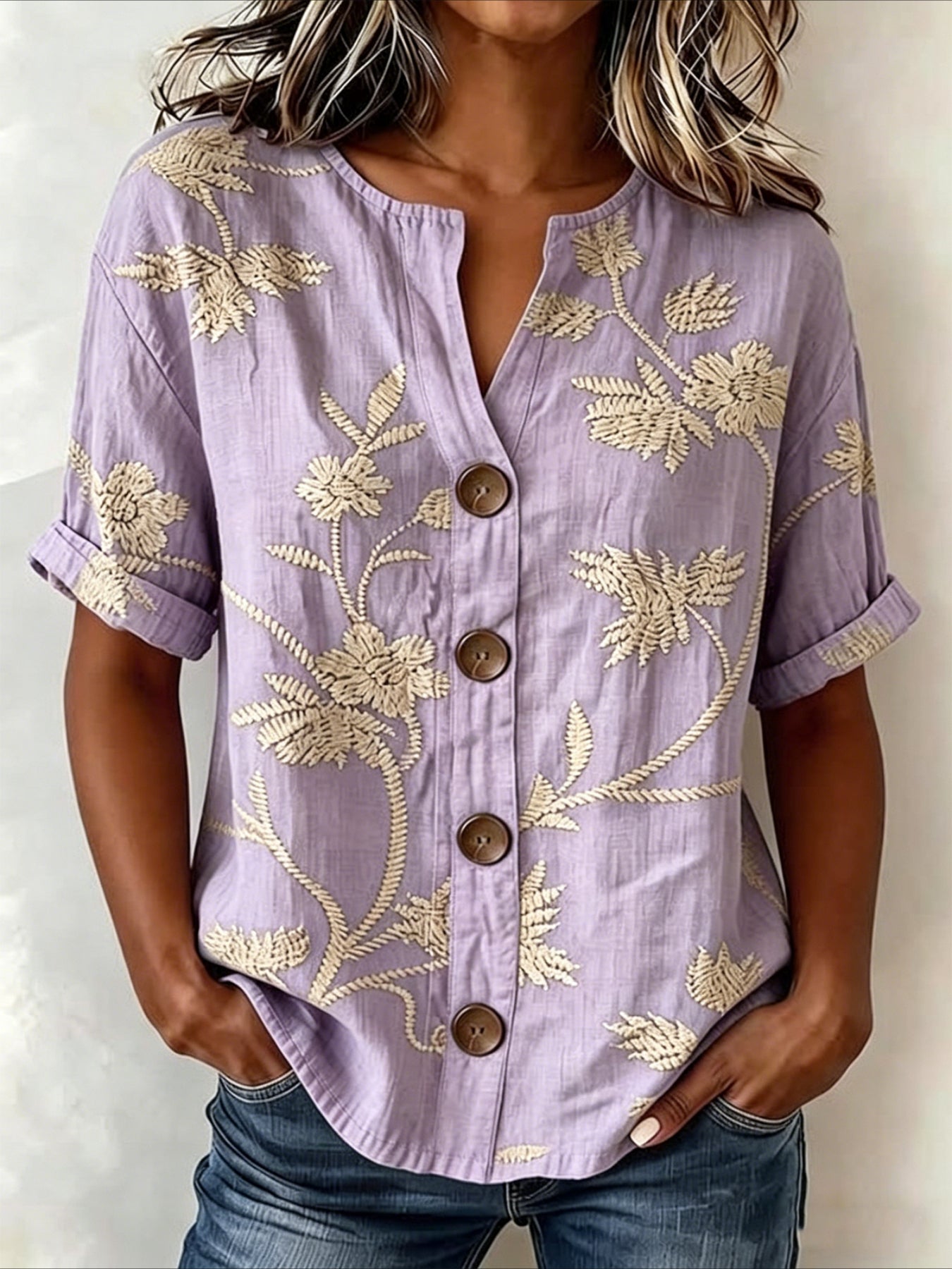 Loose Stand Collar Simple Linen Blend Shirt