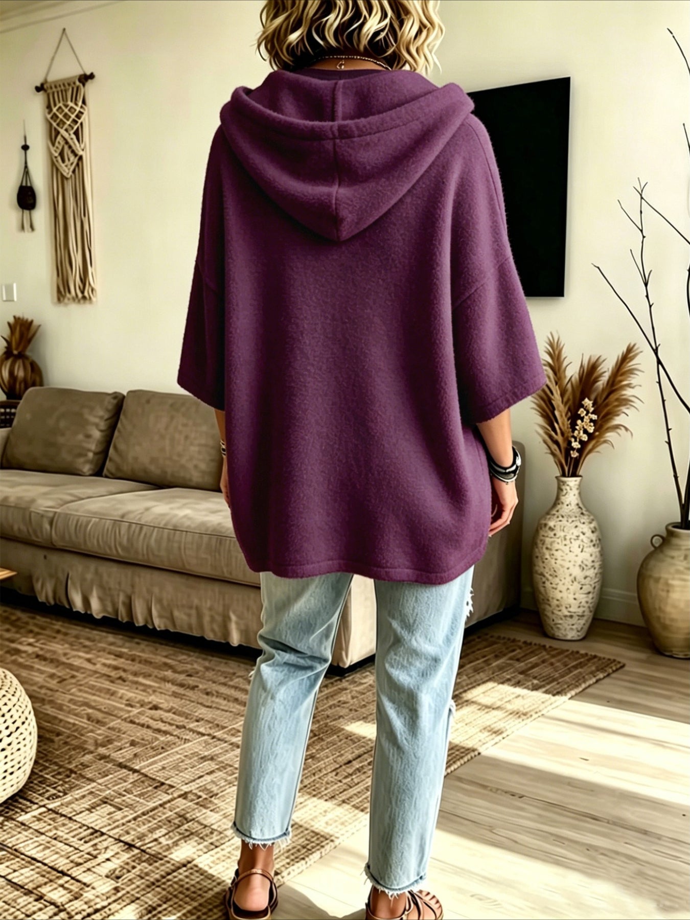 Loose 3/4 Sleeve Hooded Drawstring Bat-sleeved Sweatshirt