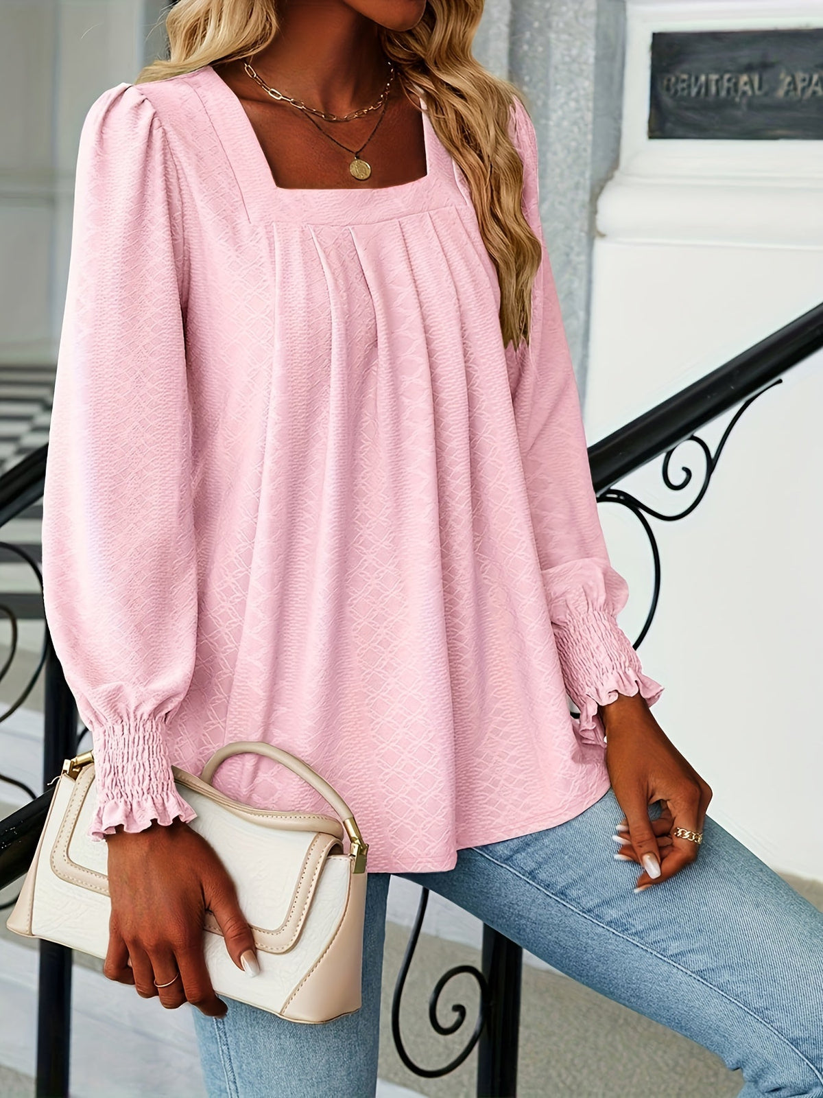 Elegant T-shirt, Women's  Argyle Textured Shirred Lantern Sleeve Square Neck Ruched Top