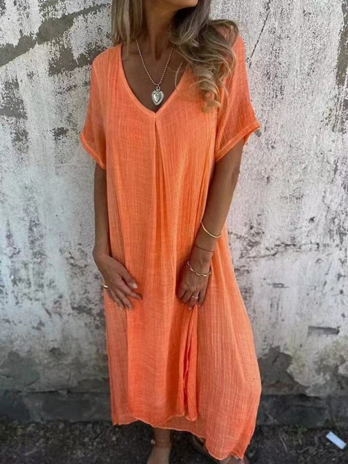 Solid Color Cotton Linen V-Neck Casual Maxi Dress