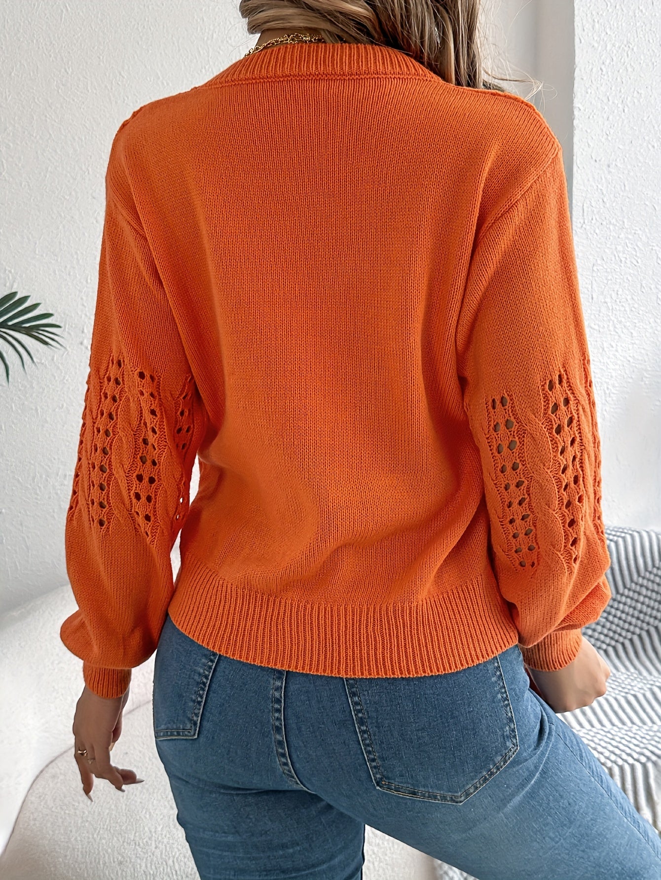 Pointelle Knit Solid Pullover Sweater, Casual Vacation Style Long Sleeve Crew Neck Sweater