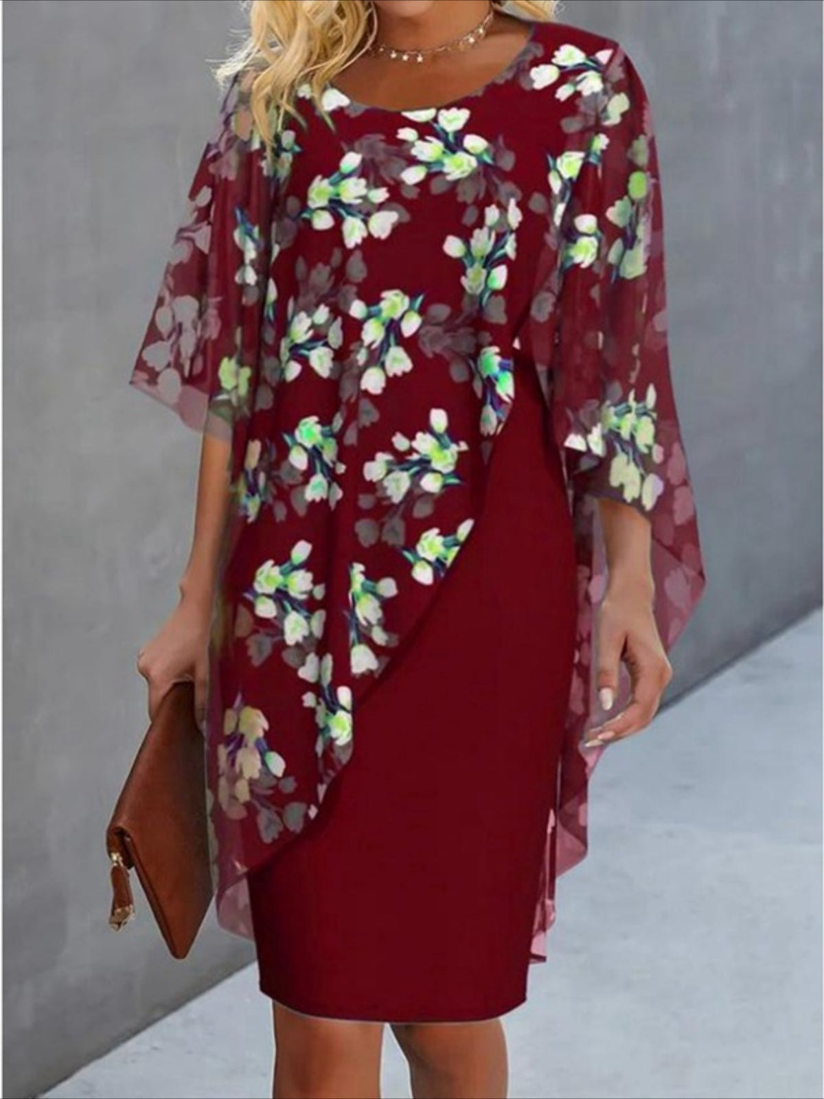 Floral Print Mesh Splicing Dress, Elegant Half Sleeve Slim Dress