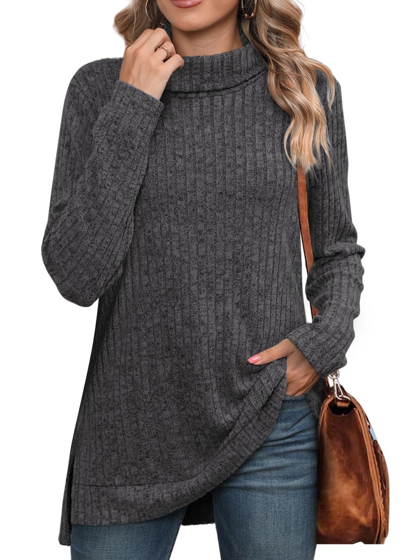 Ribbed Crew Neck Side Split T-Shirt, Casual Long Sleeve Top