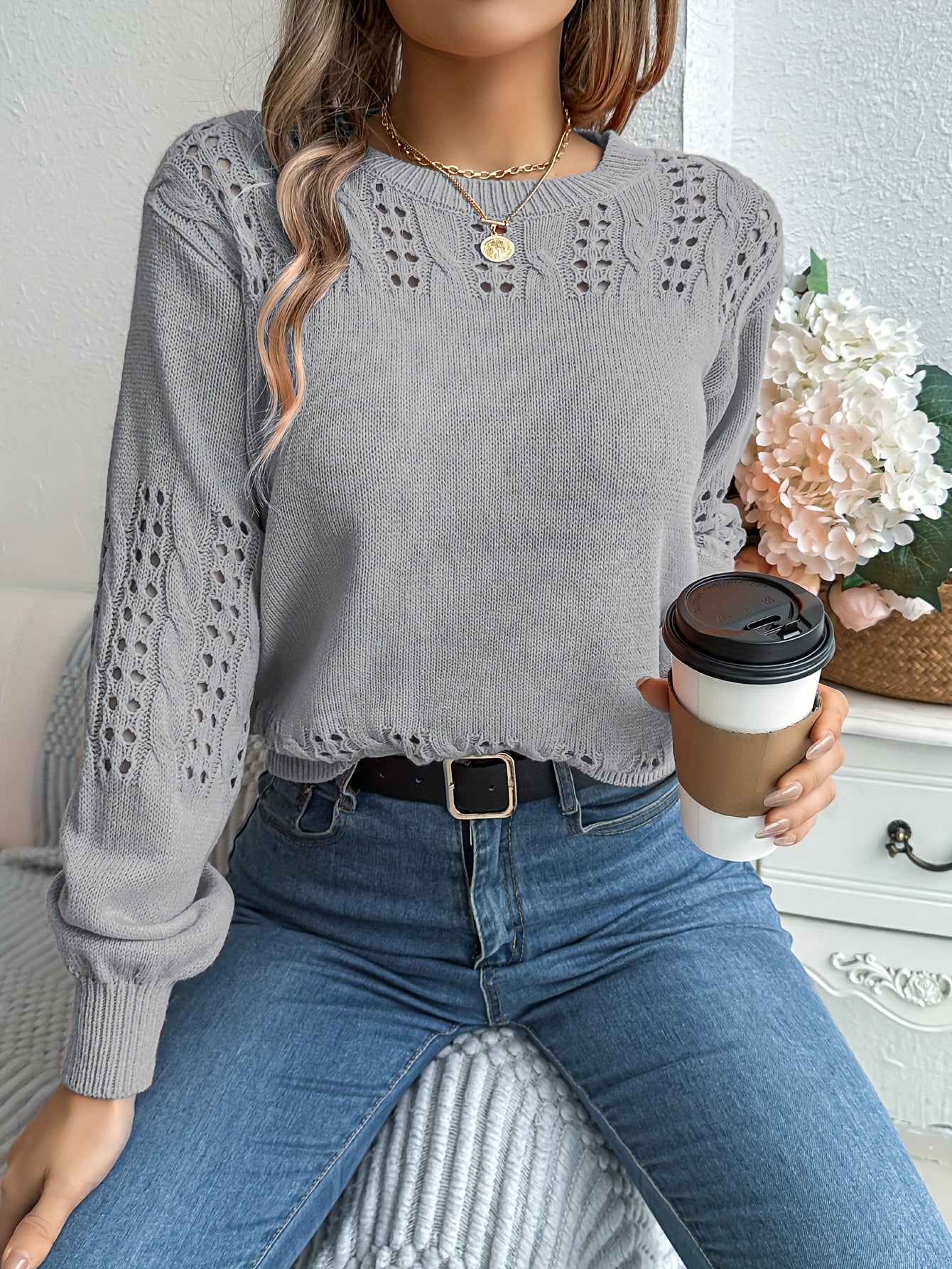 Pointelle Knit Solid Pullover Sweater, Casual Vacation Style Long Sleeve Crew Neck Sweater