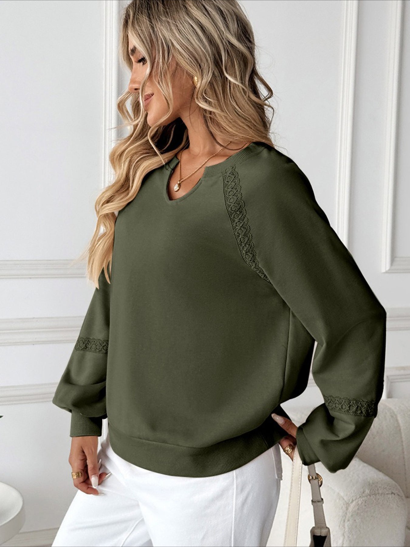Solid Color Half-open Neck Splicing Lace Loose Fashion Long-sleeved Top