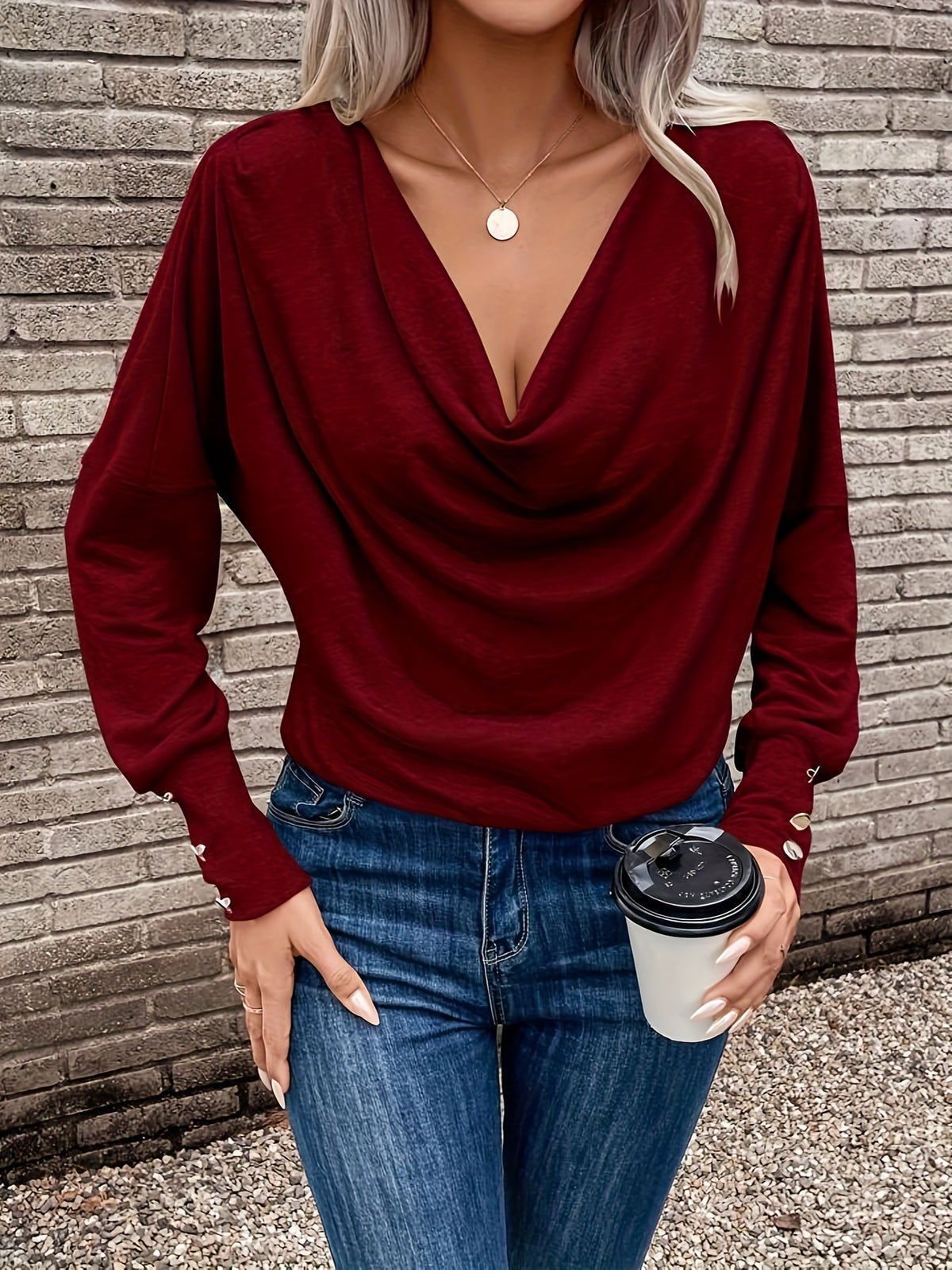 Solid Cowl Neck T-shirt, Casual Long Sleeve Top