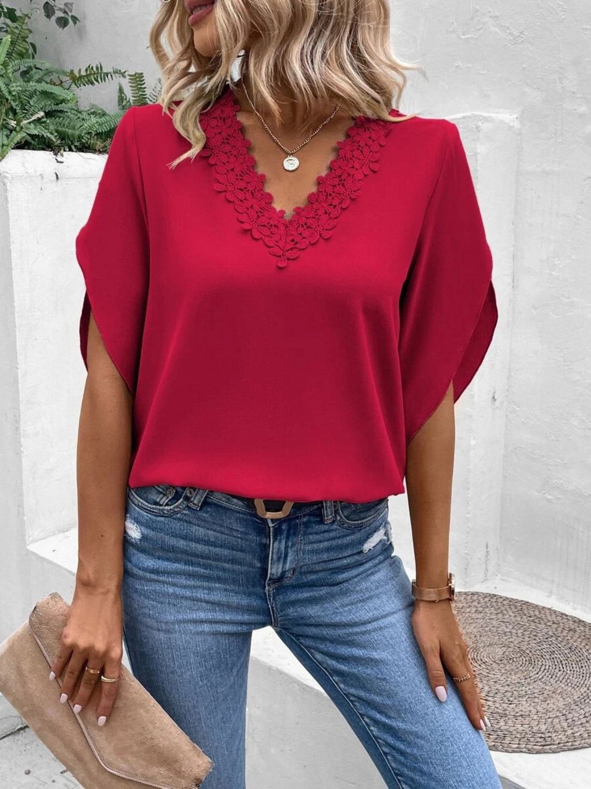 Solid Floral Lace Stitching V-neck Blouse, Vintage Petal Sleeve Blouse