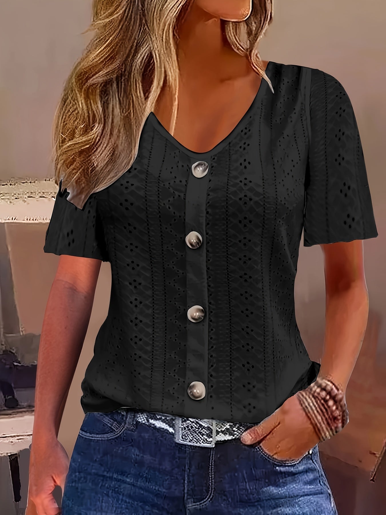 Elegant V-Neck Short Sleeve T-Shirt with Decorative Buttons