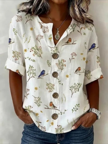 Floral Loose Stand Collar Simple Linen Blend Long Sleeve Shirt