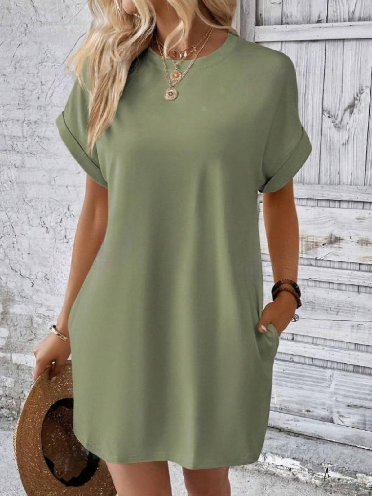 Crew Neck With Pocket Dress, Casual Short Sleeve Dress