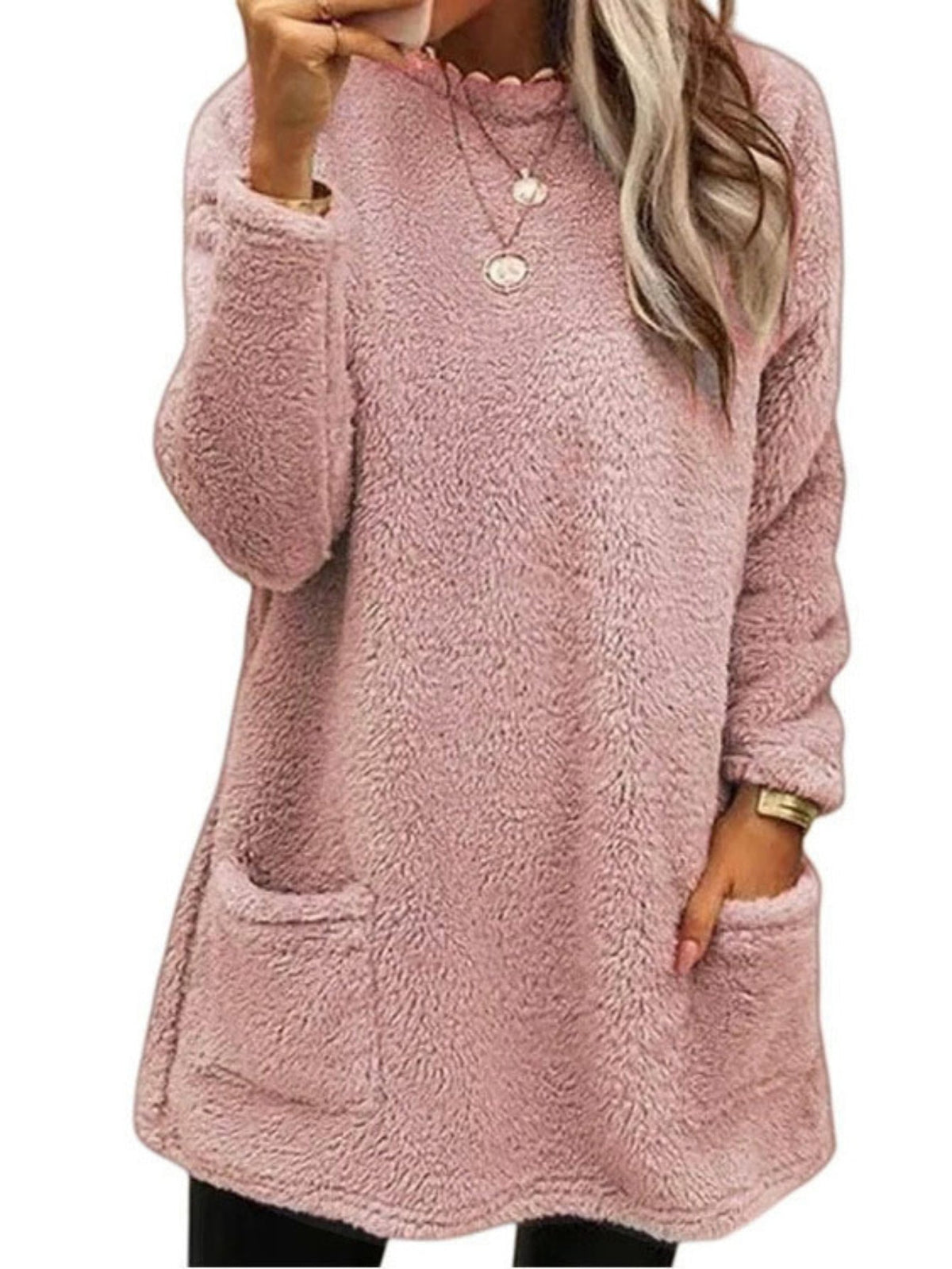 Solid Color Pullover Teddy Sweatshirt, Casual Long Sleeve Crew Neck Dual Pockets Sweatshirt