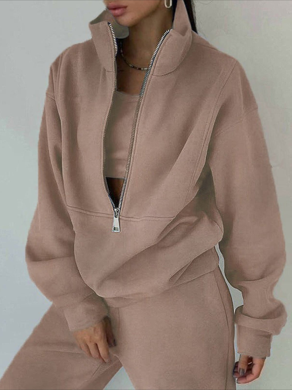 Cozy Fleece Zip-Up Top & Loose Pants Two-Piece Set
