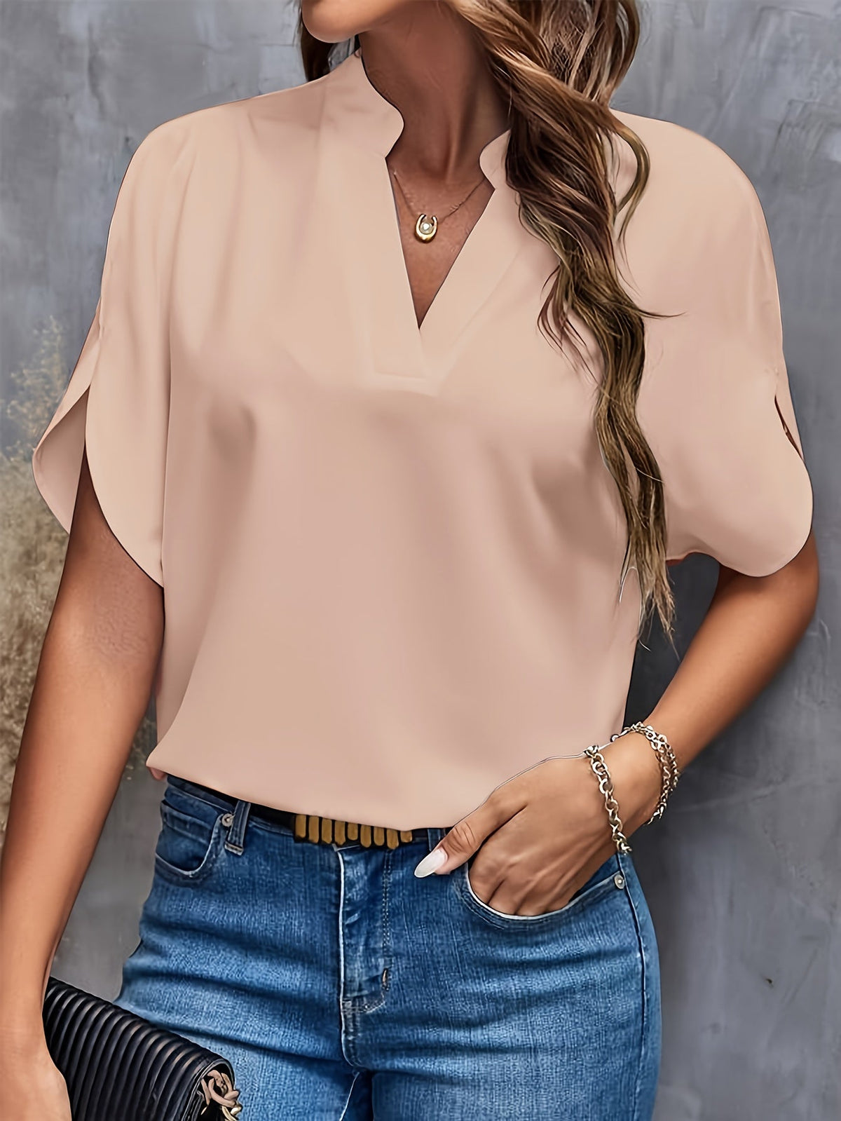 Women's Casual Notch Neck Blouse with Split Sleeves