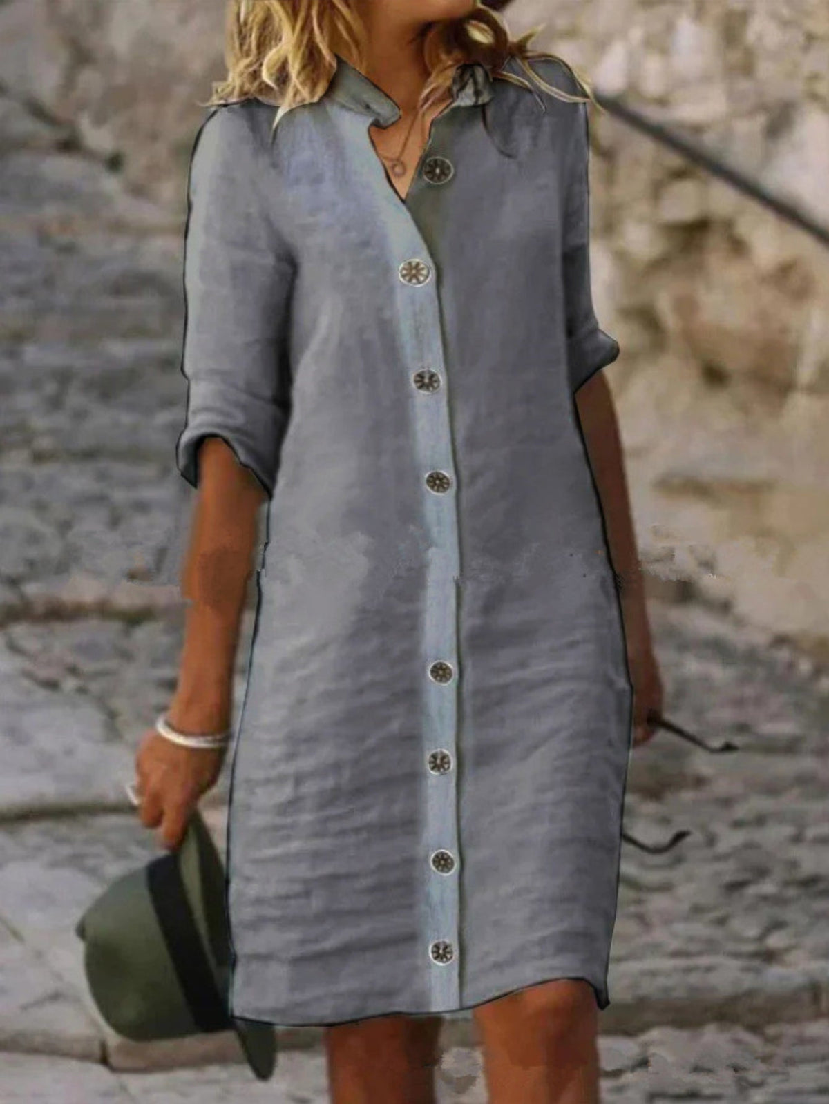 Button Front Half Sleeve Dress, Casual Solid Simple Midi Dress